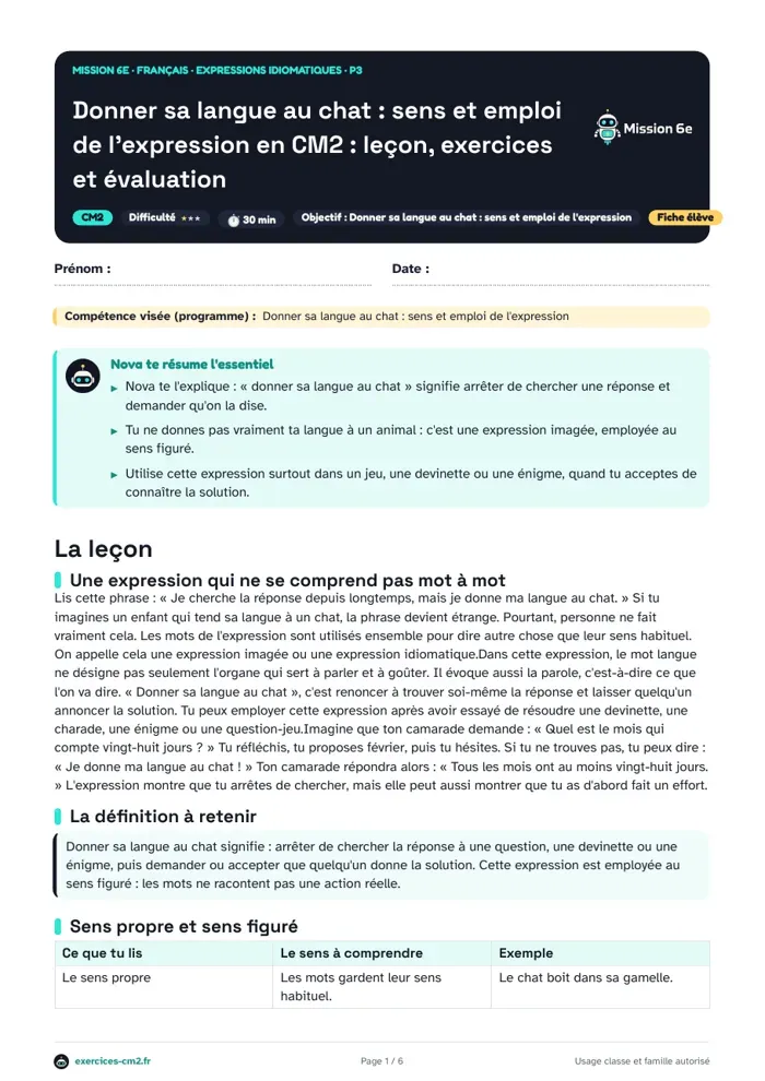Aperçu du PDF à imprimer : Donner sa langue au chat, sens et emploi de l'expression en CM2 : leçon, exercices et évaluation