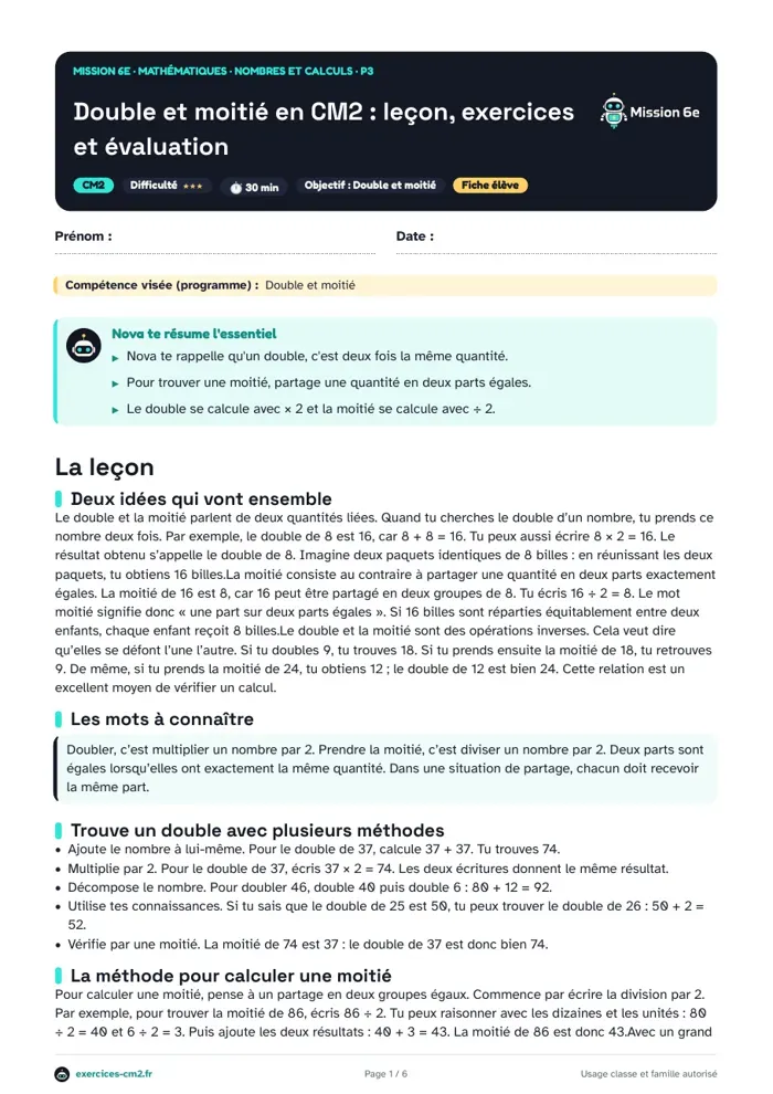 Aperçu du PDF à imprimer : Double et moitié en CM2 : leçon, exercices et évaluation