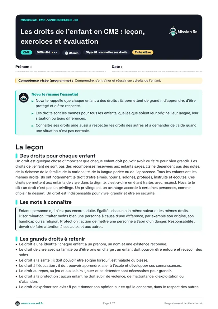 Aperçu du PDF à imprimer : Les droits de l’enfant en CM2 : leçon, exercices et évaluation