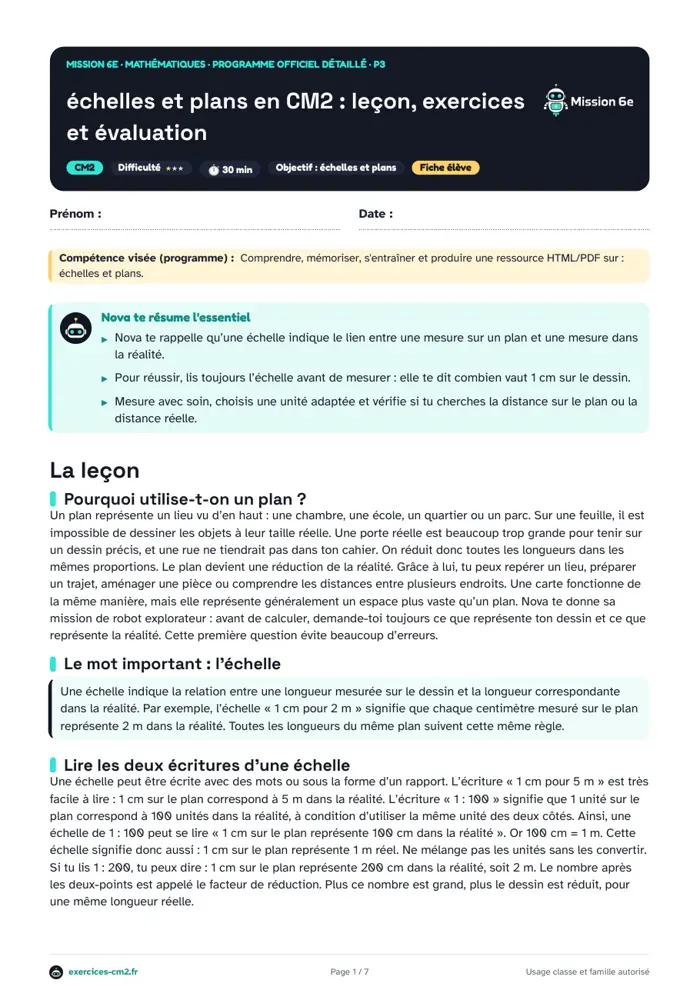 Aperçu du PDF à imprimer : Échelles et plans en CM2 : leçon, exercices et évaluation
