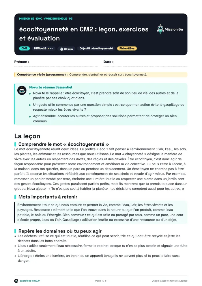 Aperçu du PDF à imprimer : Écocitoyenneté en CM2 : leçon, exercices et évaluation