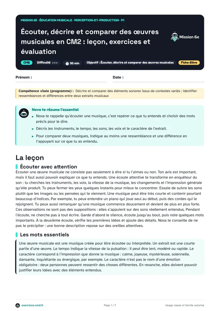 Aperçu du PDF à imprimer : Écouter, décrire et comparer des œuvres musicales en CM2 : leçon, exercices et évaluation