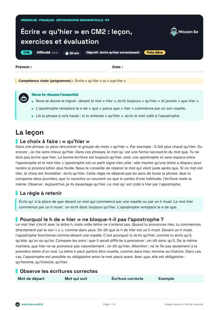 Aperçu du PDF à imprimer : Écrire « qu’hier » en CM2 : leçon, exercices et évaluation