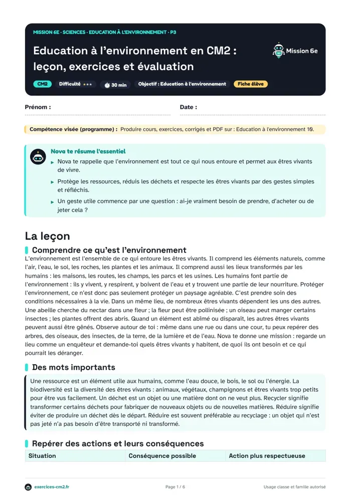 Aperçu du PDF à imprimer : Éducation à l'environnement en CM2 : leçon, exercices et évaluation