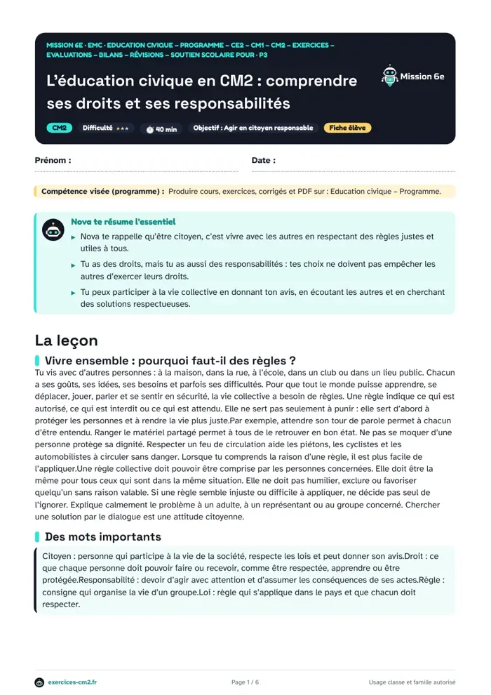 Aperçu du PDF à imprimer : L’éducation civique en CM2 : comprendre ses droits et ses responsabilités