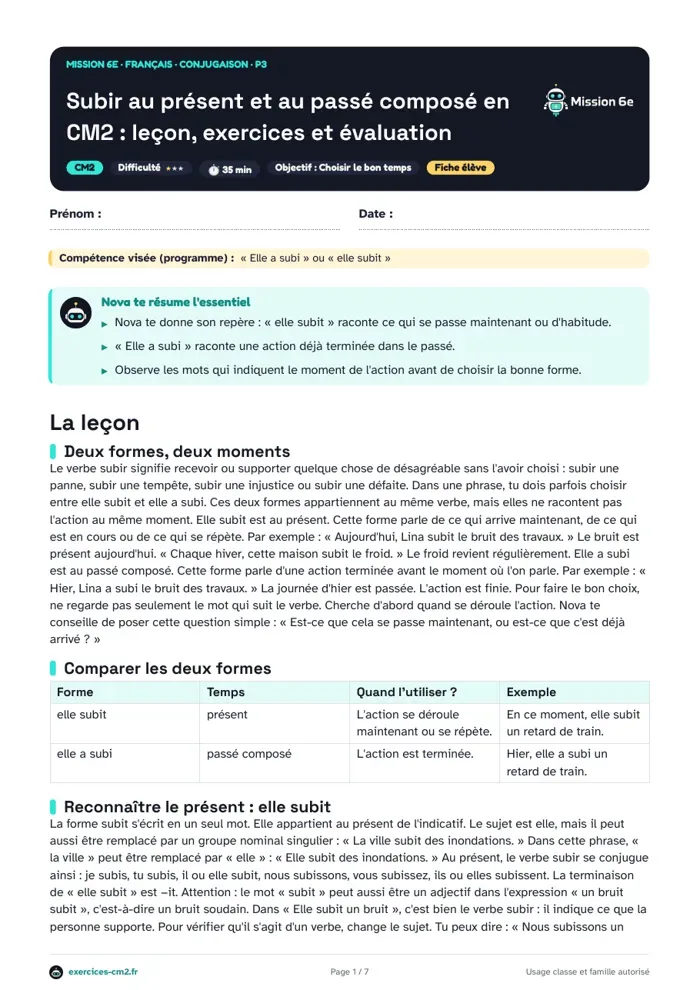 Aperçu du PDF à imprimer : Subir au présent et au passé composé en CM2 : leçon, exercices et évaluation