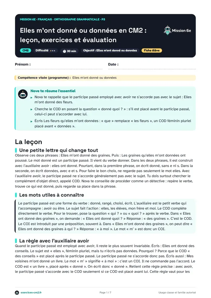 Aperçu du PDF à imprimer : Elles m'ont donné ou données en CM2 : leçon, exercices et évaluation