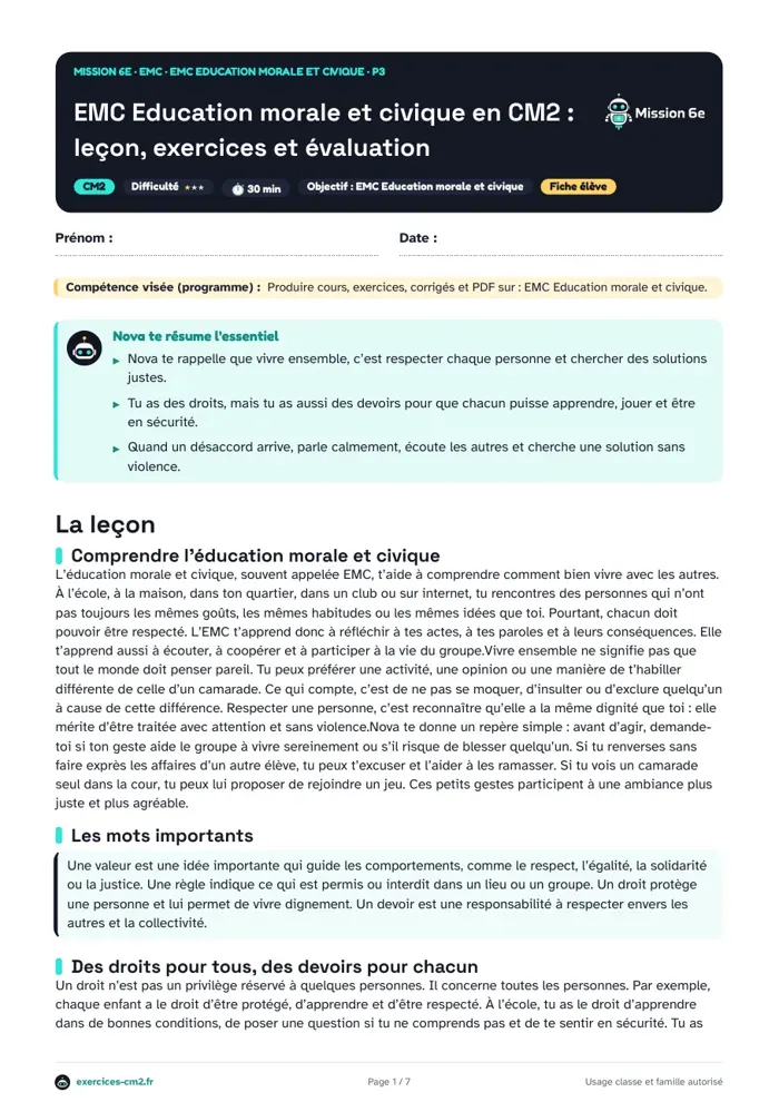 Aperçu du PDF à imprimer : À chaque droit son devoir en CM2 : donner son opinion et écouter les autres