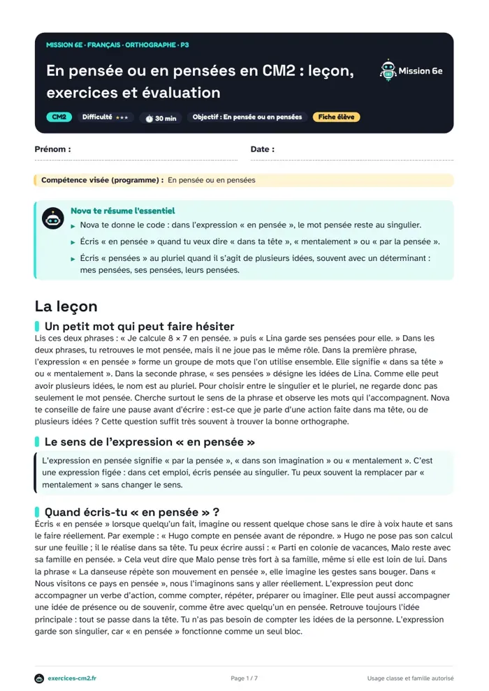 Aperçu du PDF à imprimer : En pensée ou en pensées en CM2 : leçon, exercices et évaluation