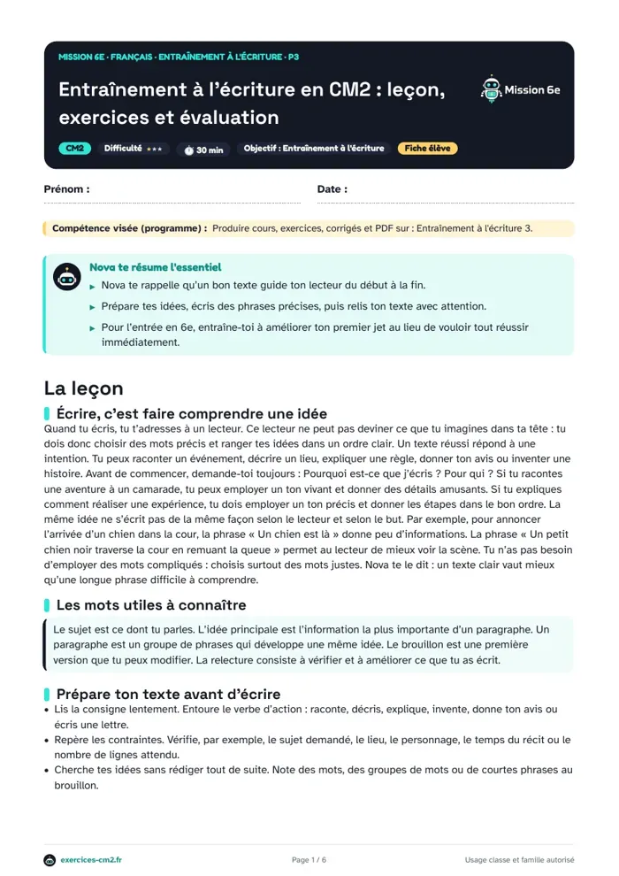 Aperçu du PDF à imprimer : Entraînement à l'écriture en CM2 : leçon, exercices et évaluation