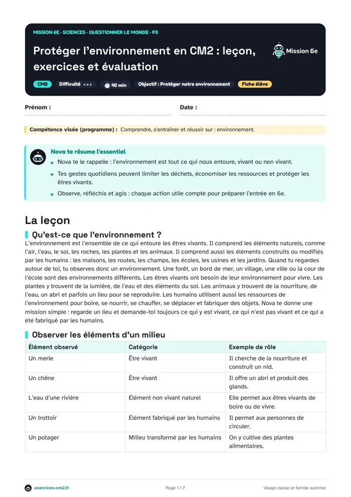 Aperçu du PDF à imprimer : Protéger l’environnement en CM2 : leçon, exercices et évaluation