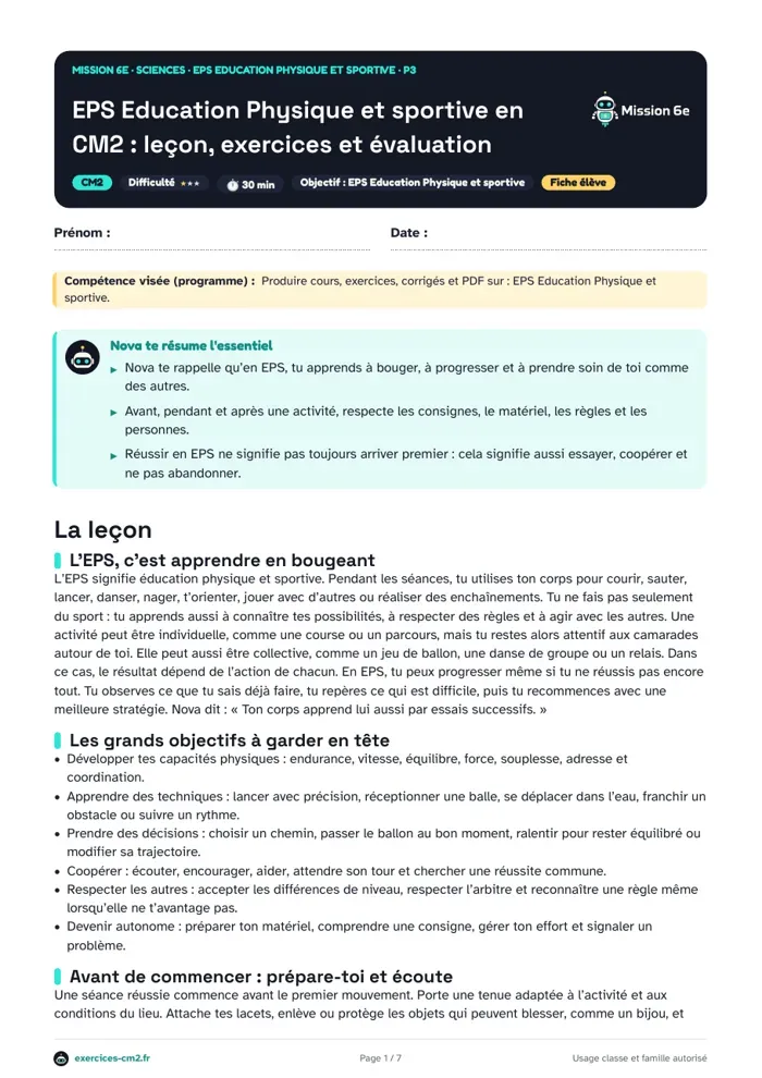 Aperçu du PDF à imprimer : Réussir sa séance d’EPS en CM2 : consignes, sécurité, effort et fair-play