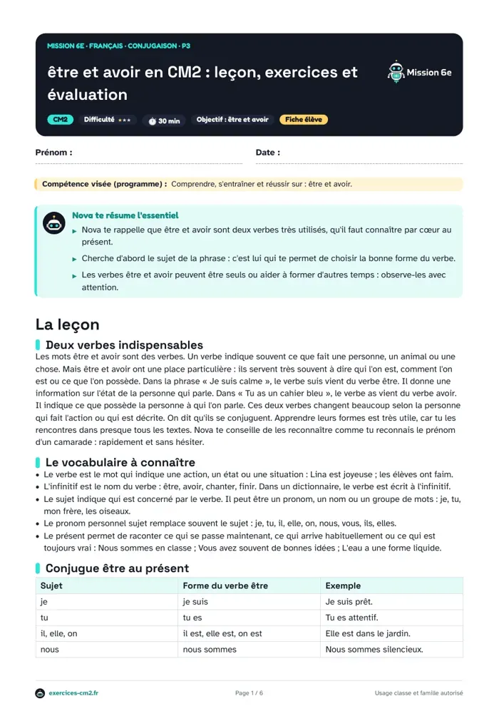Aperçu du PDF à imprimer : Être et avoir en CM2 : leçon, exercices et évaluation