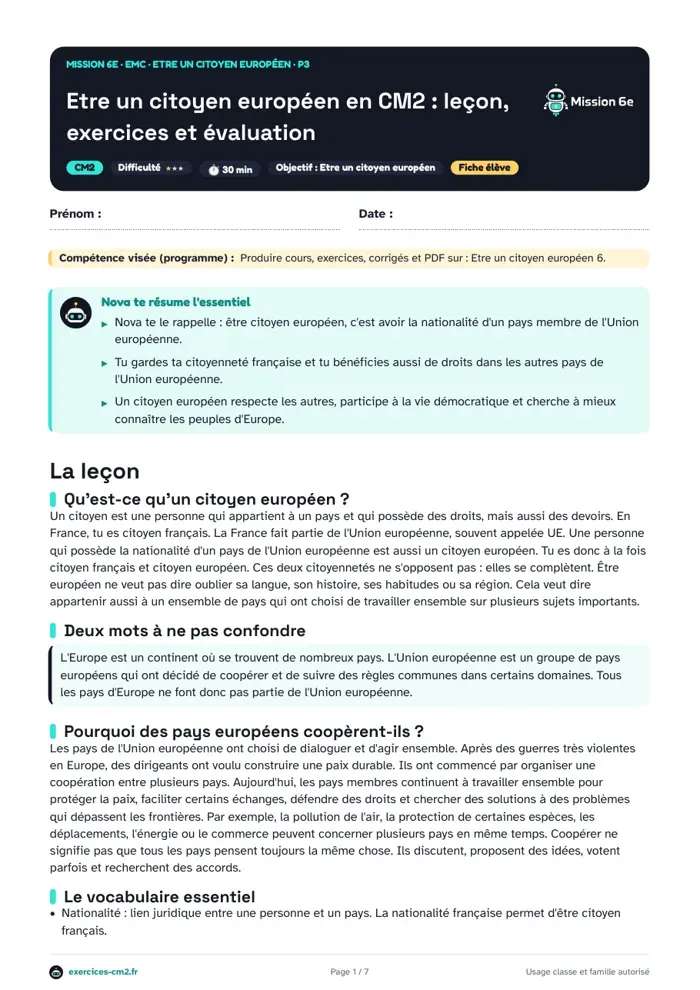 Aperçu du PDF à imprimer : Être un citoyen européen en CM2 : leçon, exercices et évaluation