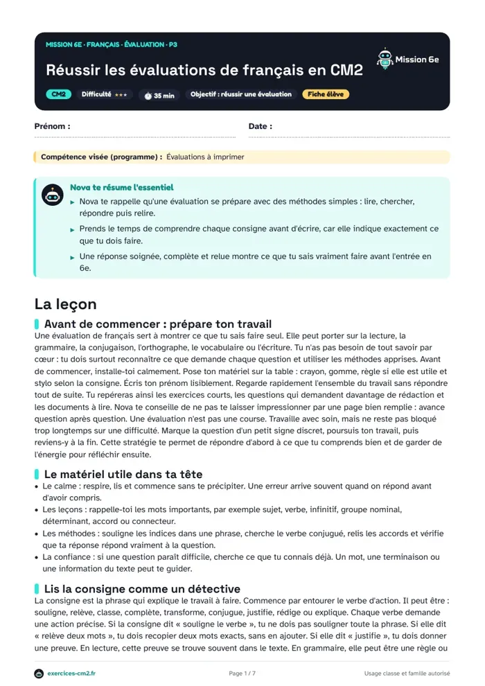 Aperçu du PDF à imprimer : Réussir les évaluations de français en CM2
