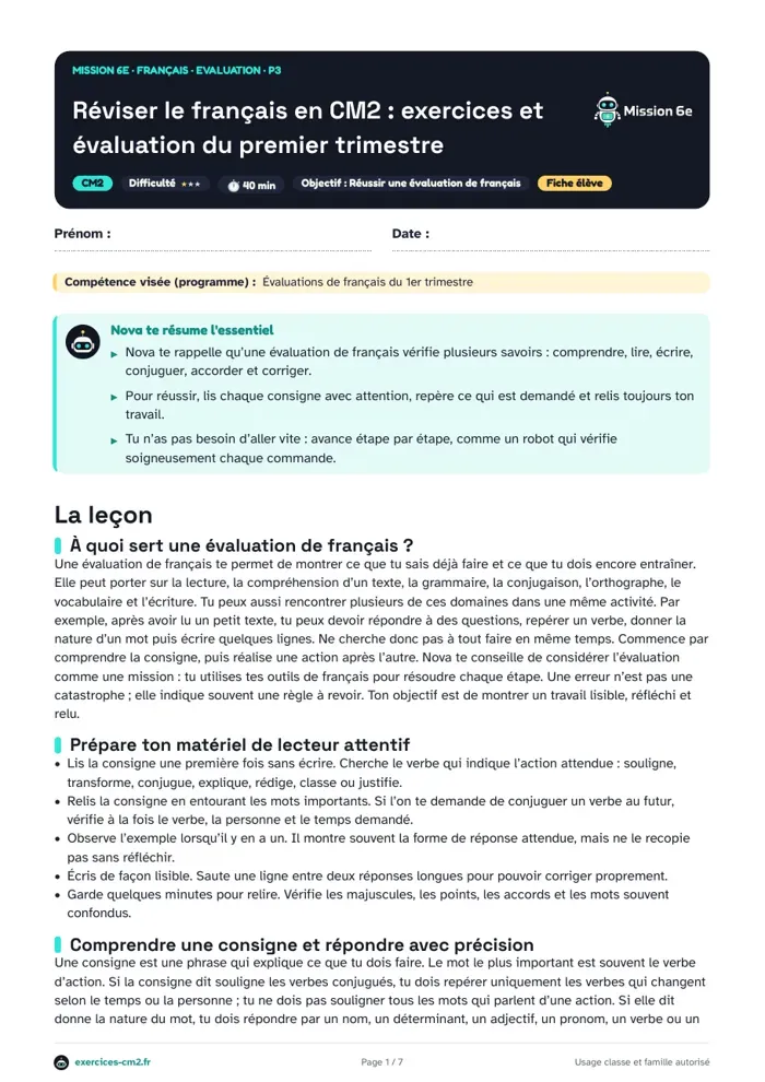 Aperçu du PDF à imprimer : Réviser le français en CM2 : exercices et évaluation du premier trimestre