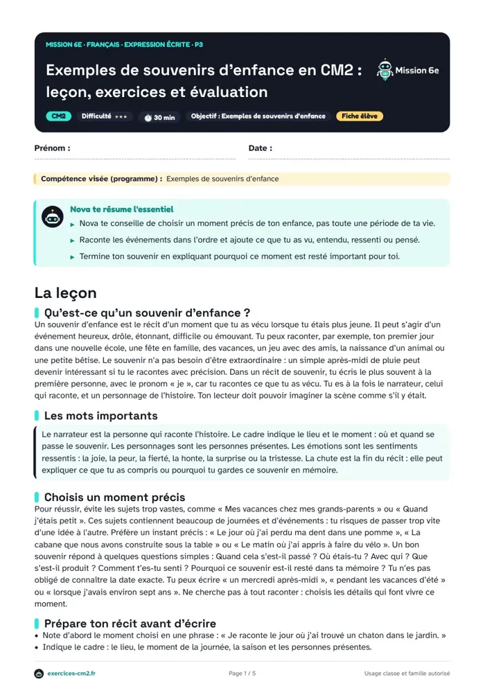 Aperçu du PDF à imprimer : Exemples de souvenirs d’enfance en CM2 : leçon, exercices et évaluation