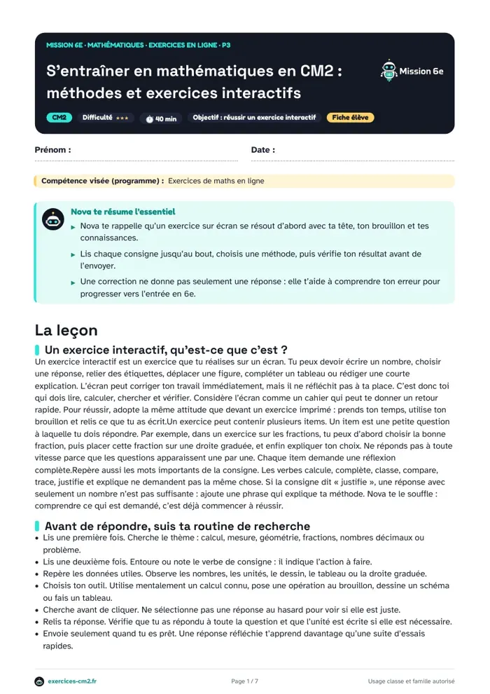 Aperçu du PDF à imprimer : S’entraîner en mathématiques en CM2 : méthodes et exercices interactifs