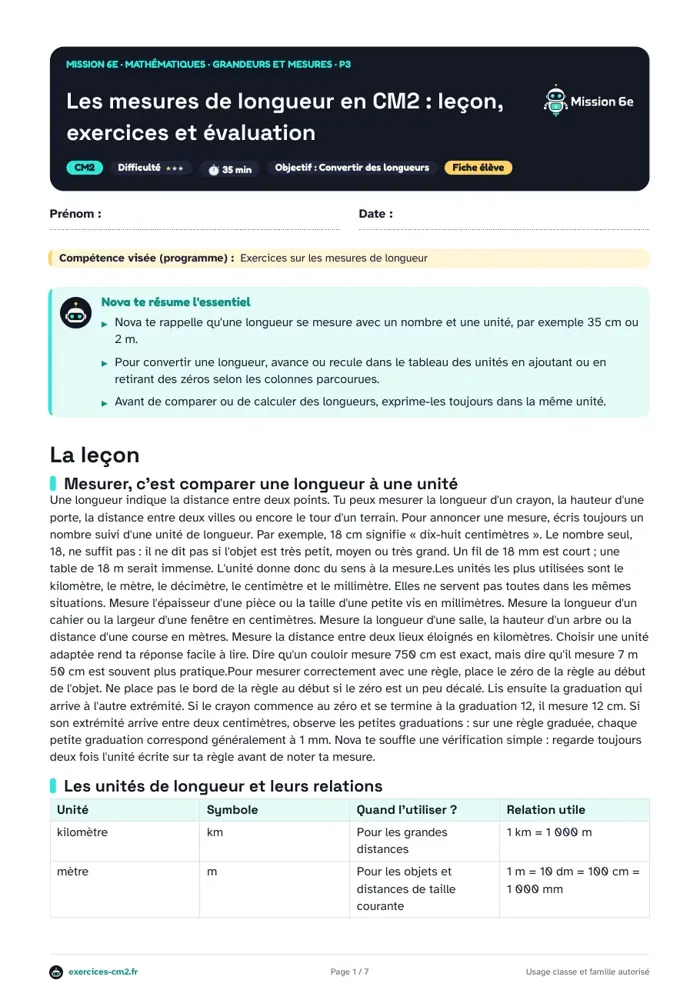 Aperçu du PDF à imprimer : Les mesures de longueur en CM2 : leçon, exercices et évaluation