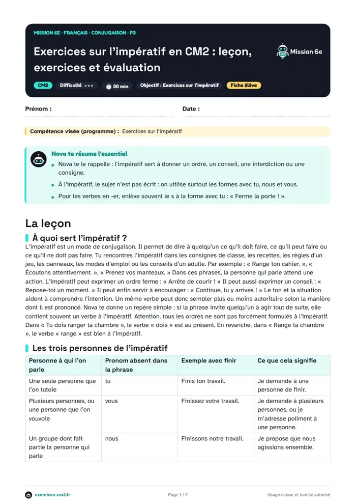 Aperçu du PDF à imprimer : Exercices sur l’impératif en CM2 : leçon, exercices et évaluation