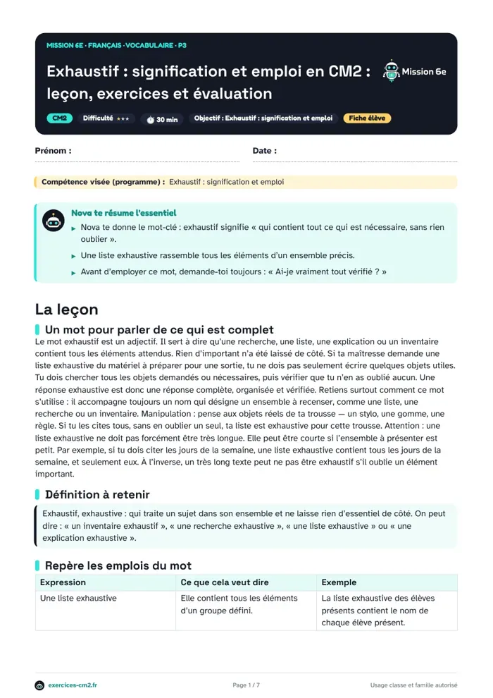 Aperçu du PDF à imprimer : Exhaustif, signification et emploi en CM2 : leçon, exercices et évaluation