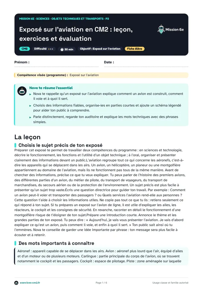 Aperçu du PDF à imprimer : Exposé sur l’aviation en CM2 : leçon, exercices et évaluation