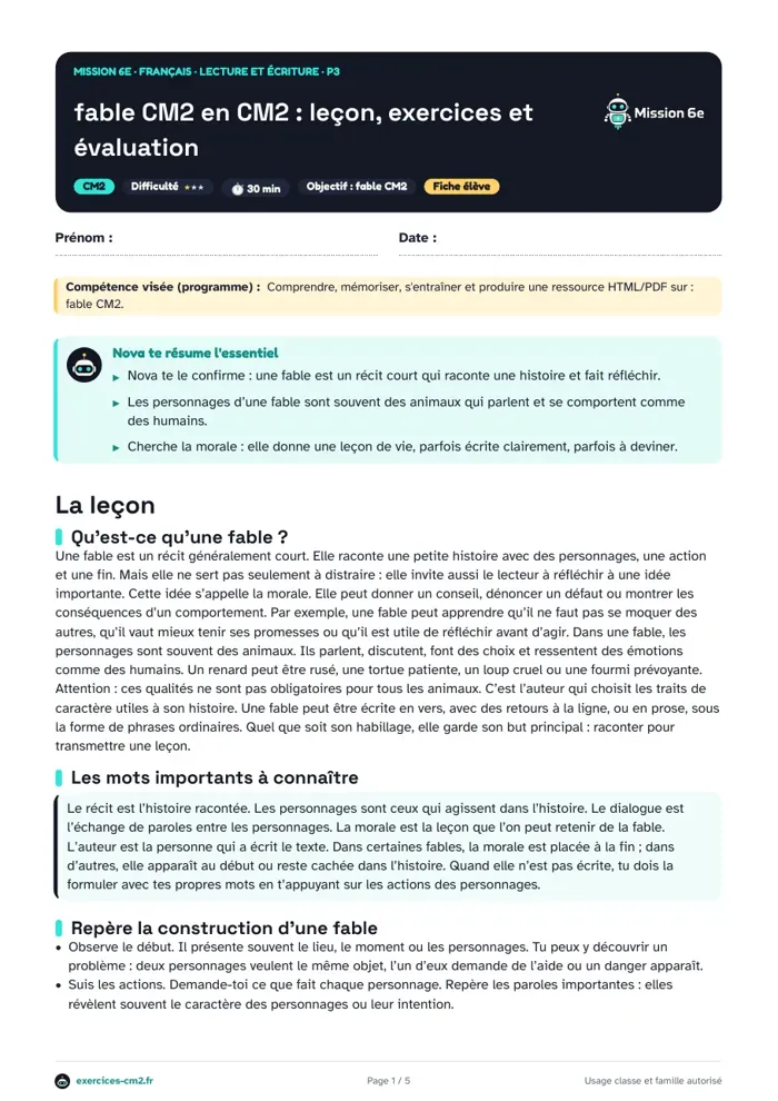 Aperçu du PDF à imprimer : Écrire une fable en CM2 : construire le récit, distinguer résumé et morale
