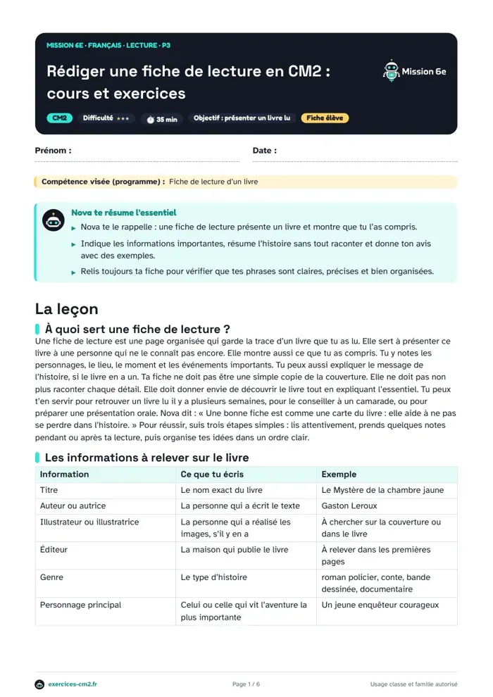 Aperçu du PDF à imprimer : Rédiger une fiche de lecture en CM2 : cours et exercices