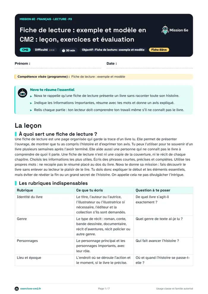 Aperçu du PDF à imprimer : Fiche de lecture, exemple et modèle en CM2 : leçon, exercices et évaluation