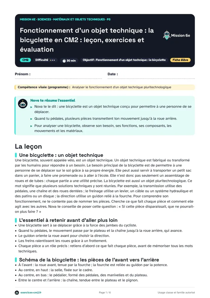 Aperçu du PDF à imprimer : Fonctionnement d'un objet technique en CM2 : la bicyclette, leçon, exercices et évaluation