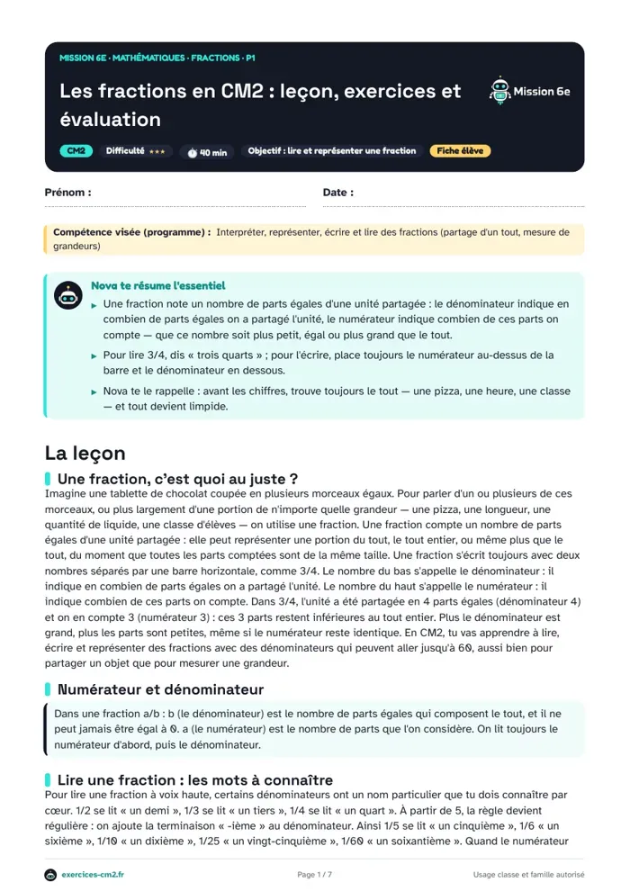 Aperçu du PDF à imprimer : Les fractions en CM2 : leçon, exercices et évaluation