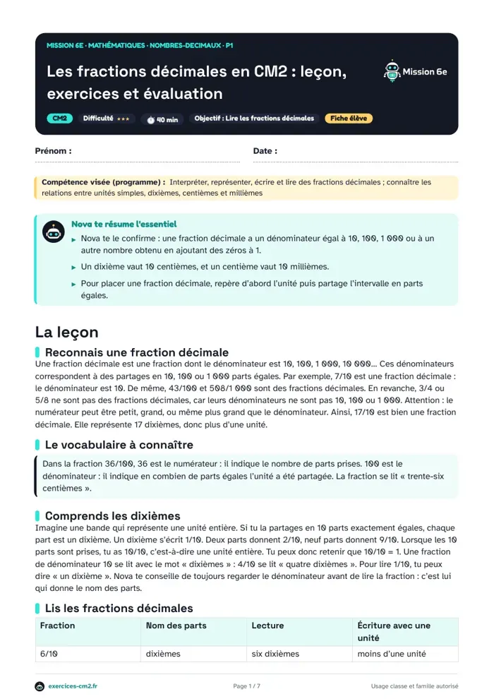 Aperçu du PDF à imprimer : Les fractions décimales en CM2 : leçon, exercices et évaluation