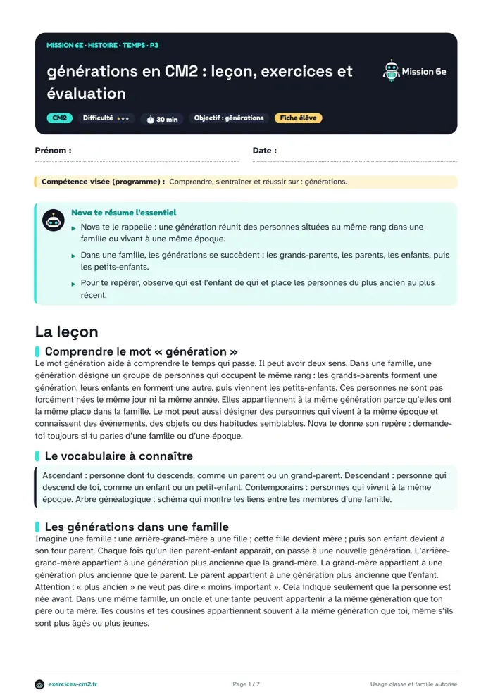 Aperçu du PDF à imprimer : Générations en CM2 : leçon, exercices et évaluation