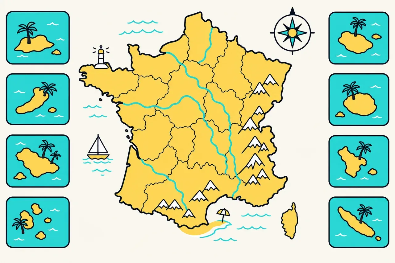 Repères sur la France : carte, fleuves, régions, outre-mer (programme CM1) — illustration Mission 6e
