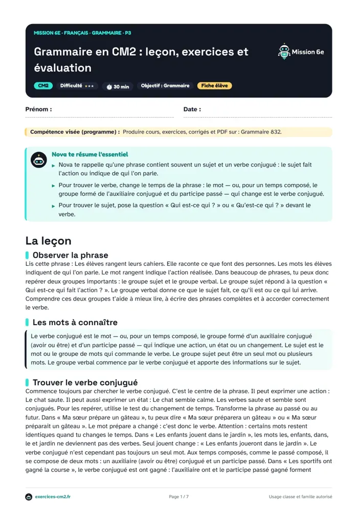 Aperçu du PDF à imprimer : Groupe sujet et groupe verbal en CM2 : trouver le verbe conjugué et son sujet