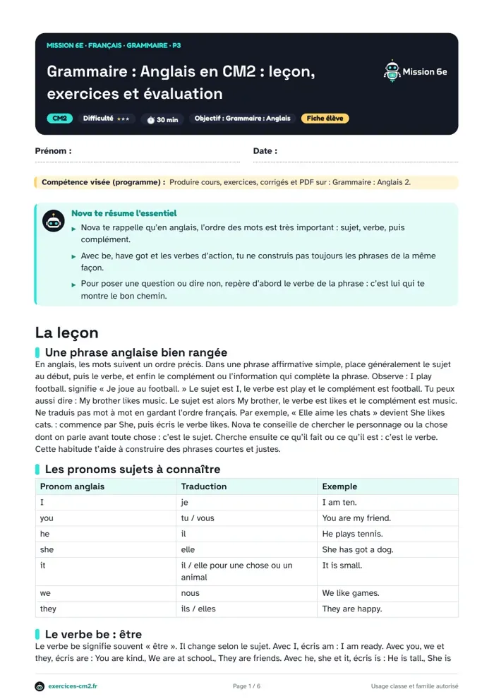 Aperçu du PDF à imprimer : Construire une phrase en anglais au CM2 : be, have got et verbes d’action