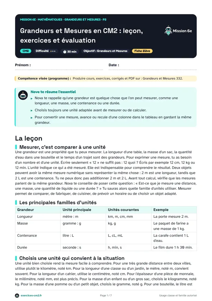 Aperçu du PDF à imprimer : Choisir l’unité et calculer avec des mesures en CM2 : conversions et durées