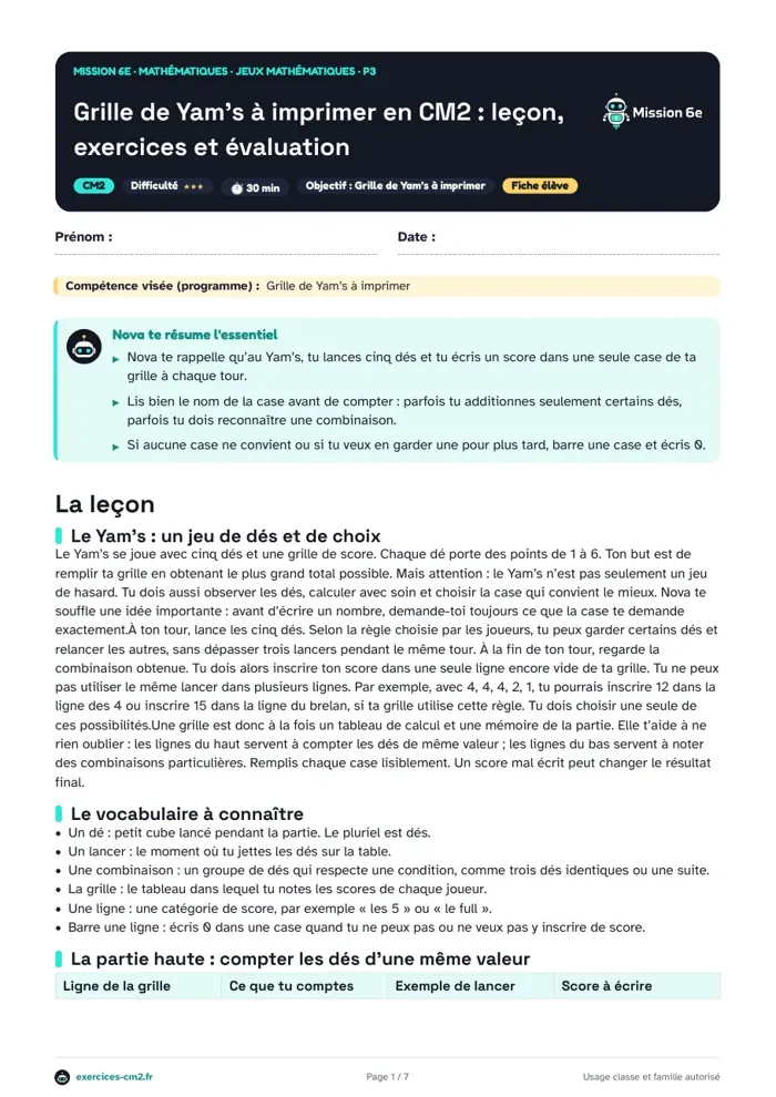 Aperçu du PDF à imprimer : Grille de Yam’s à imprimer en CM2 : leçon, exercices et évaluation