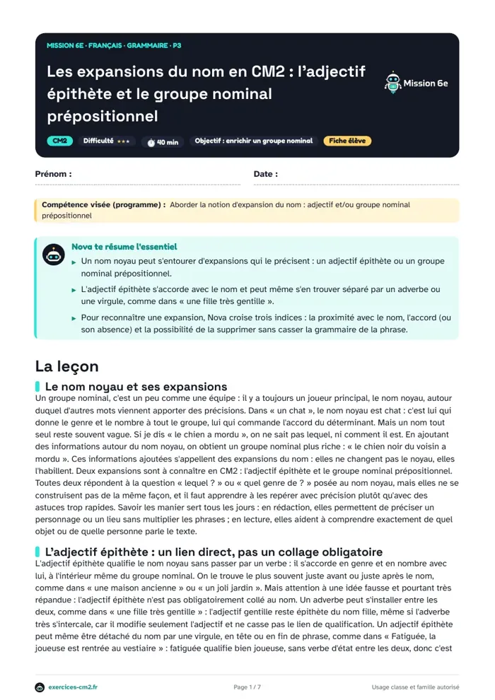 Aperçu du PDF à imprimer : Les expansions du nom en CM2 : leçon, exercices et évaluation