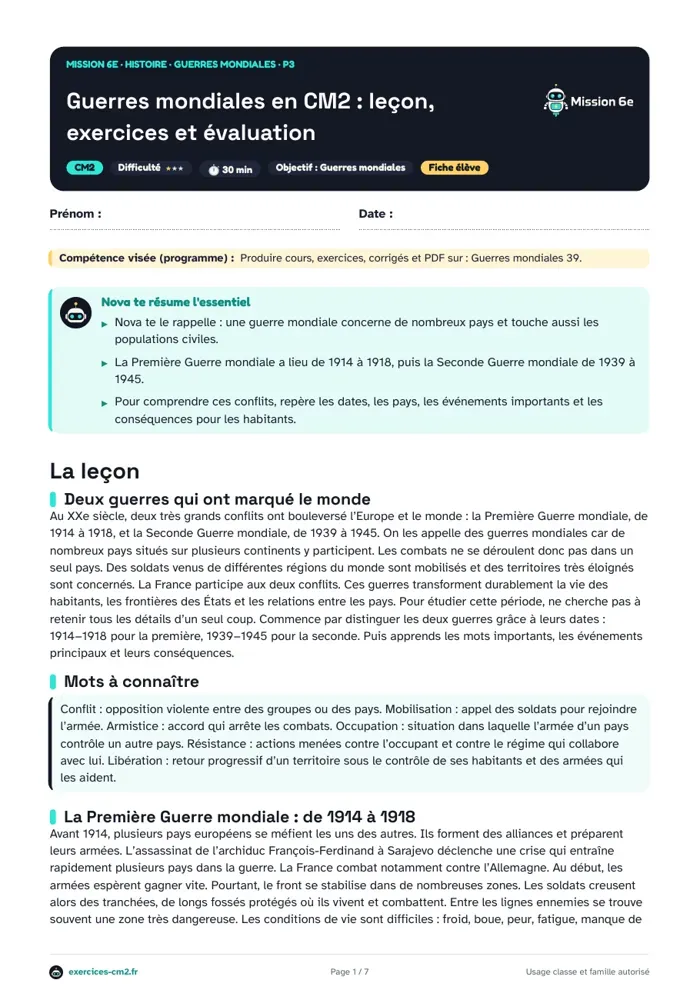 Aperçu du PDF à imprimer : Guerres mondiales en CM2 : leçon, exercices et évaluation