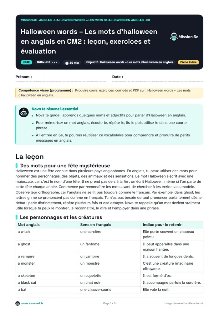 Aperçu du PDF à imprimer : Halloween words : les mots d’Halloween en anglais en CM2, leçon et exercices