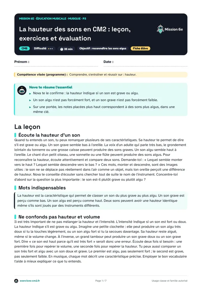 Aperçu du PDF à imprimer : La hauteur des sons en CM2 : leçon, exercices et évaluation