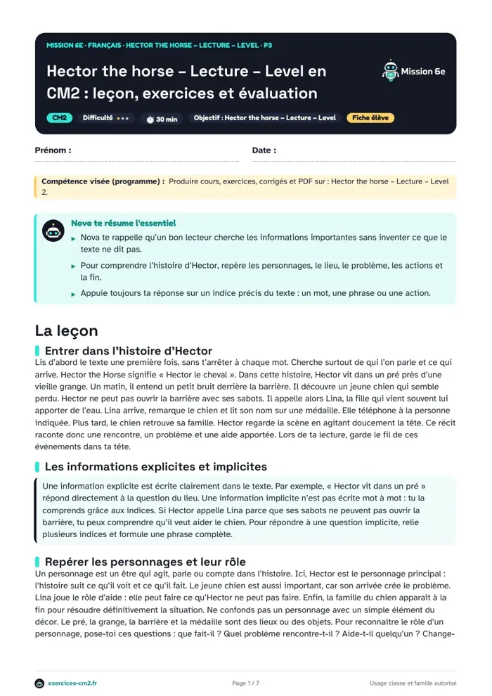 Aperçu du PDF à imprimer : Hector the Horse, lecture Level 2 en CM2 : comprendre un récit et ses indices