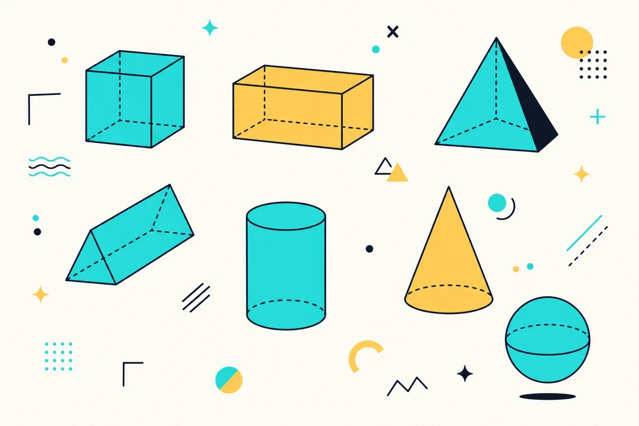 Les solides : nommer et décrire (cube, pavé, pyramide, prisme droit, cylindre, cône, boule) — illustration Mission 6e
