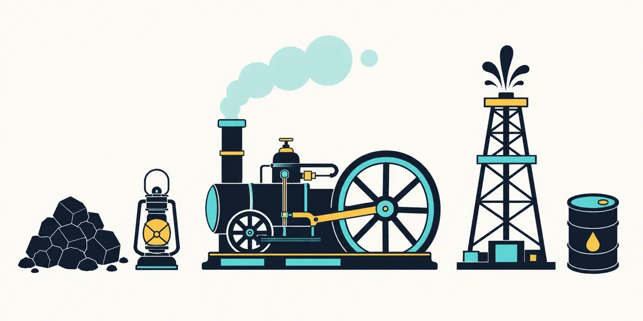 Énergies et machines : le charbon, le pétrole et la vapeur — illustration Mission 6e