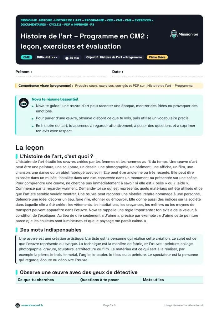 Aperçu du PDF à imprimer : Histoire de l’art en CM2 : observer et décrire une œuvre, leçon et exercices