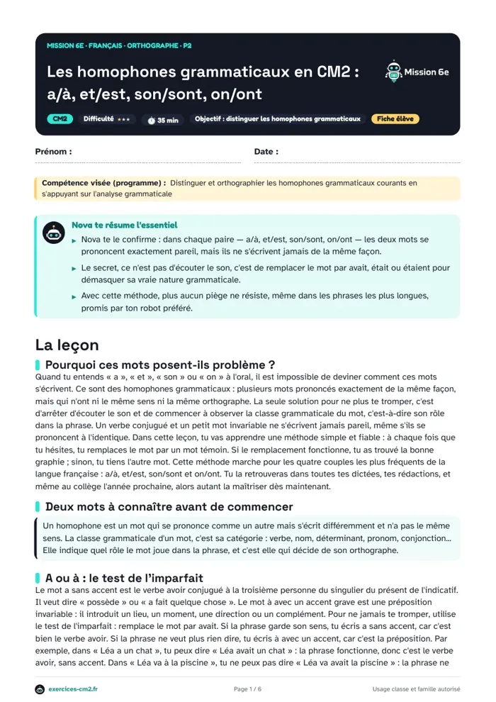 Aperçu du PDF à imprimer : Les homophones grammaticaux en CM2 : leçon et exercices à imprimer
