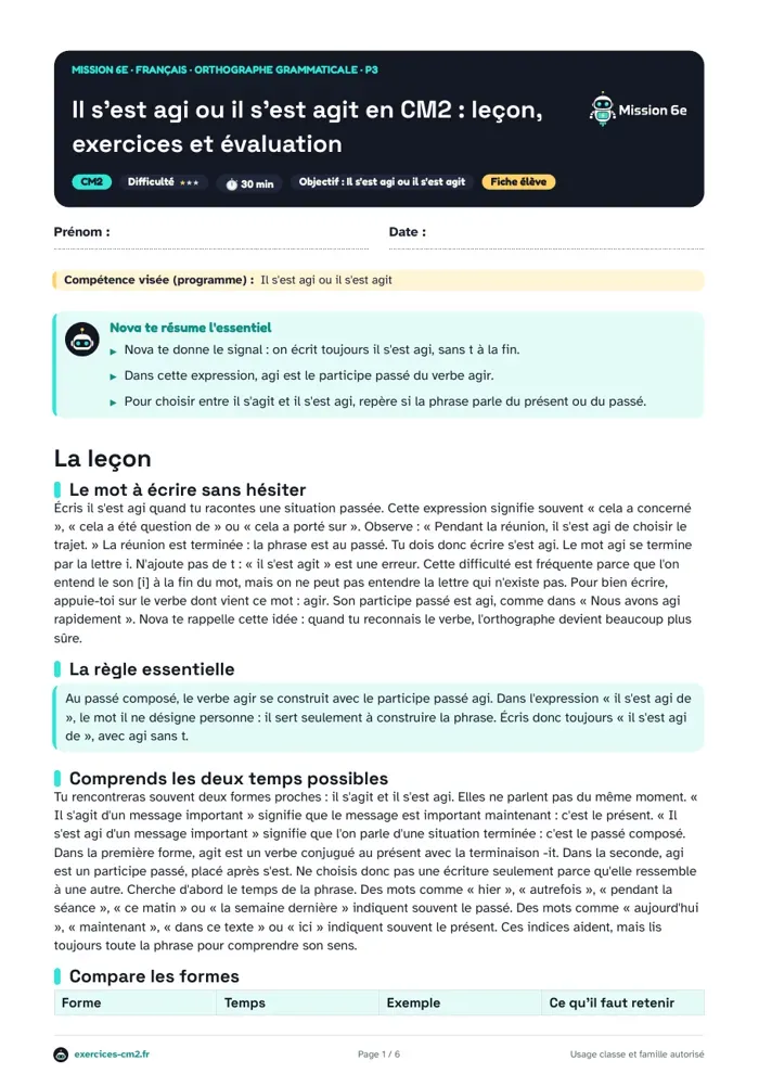 Aperçu du PDF à imprimer : Il s'est agi ou il s'est agit en CM2 : leçon, exercices et évaluation