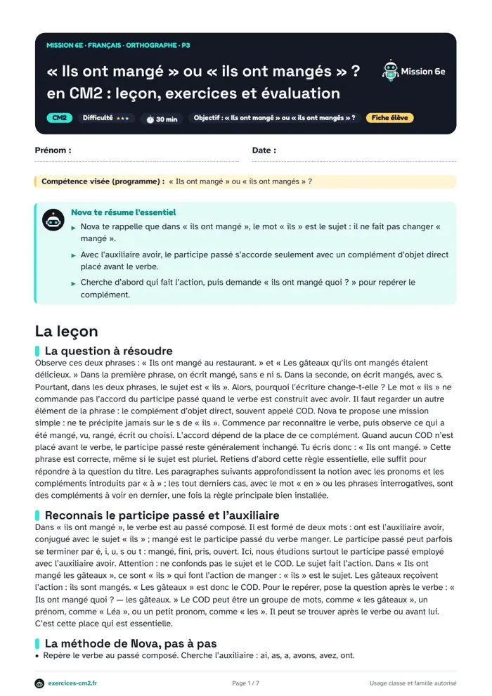 Aperçu du PDF à imprimer : « Ils ont mangé » ou « ils ont mangés » ? en CM2 : leçon, exercices et évaluation
