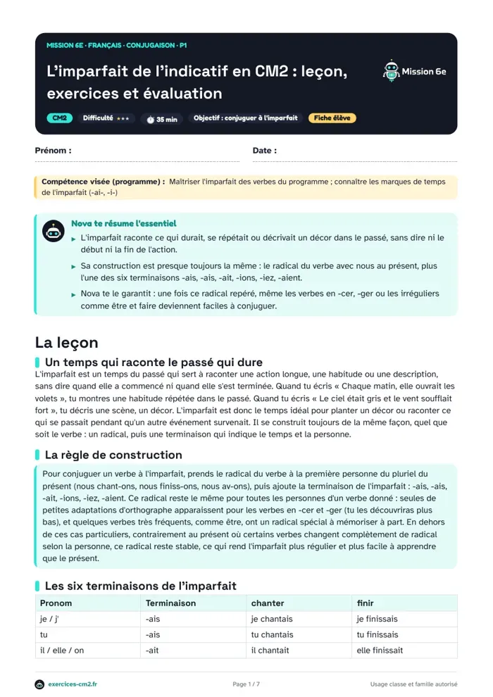 Aperçu du PDF à imprimer : L'imparfait de l'indicatif en CM2 : leçon, exercices et évaluation